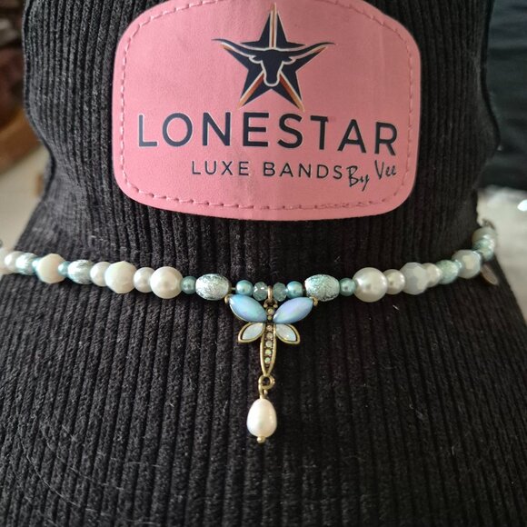 Handcrafted Beaded Hat Band • Dragonfly Charm • Blue & Pearl Western Boho Band - Picture 4 of 4